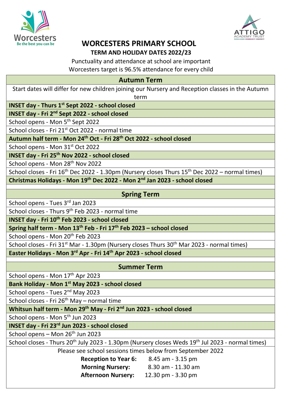 Term Dates Worcesters Primary School