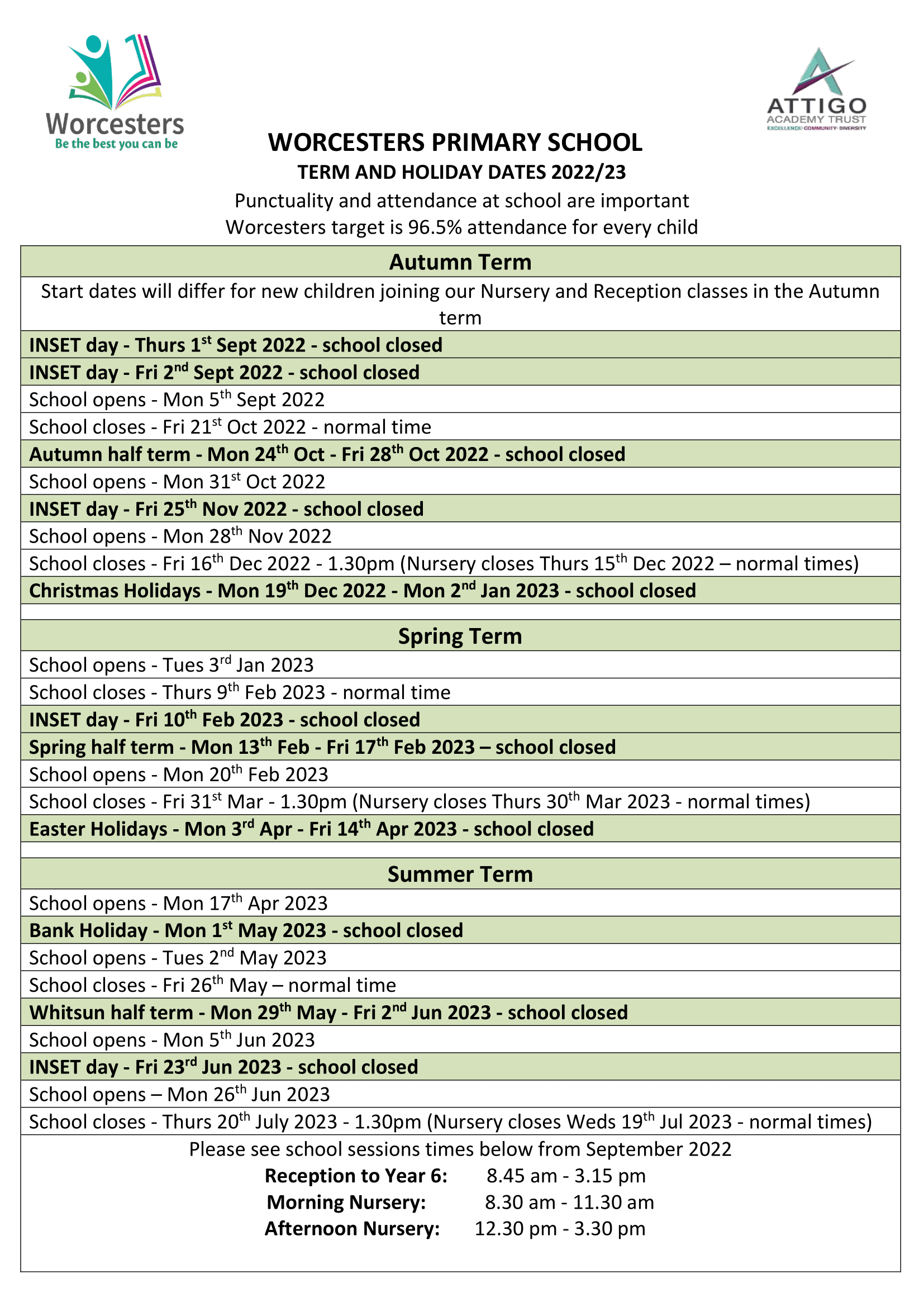 Term Dates Worcesters Primary School